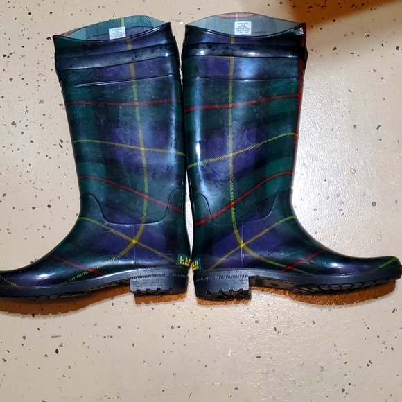 Size 10 Ralph Lauren Rossalyn II green plaid buckle rain boots - Picture 1 of 4